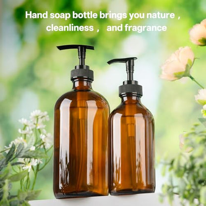 Vitreaux 16oz Amber Glass Soap Dispenser, 2 Pack Refillable Hand Soap Dispenser with Leak-Proof Pump, Brown Glass Bottle for Dish Soap, Lotion, Shampoo, Conditioner, Body Wash