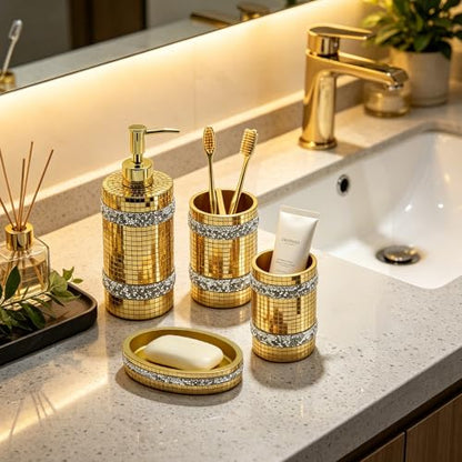 Gold Bathroom Accessories Set, Mosaic Decoration 4-piece Set | Deluxe gold mosaic bathroom 4-piece set,including soap dispenser,soap tray,toothbrush cup,partitioned toothbrush holder - size: 4 Pc Set