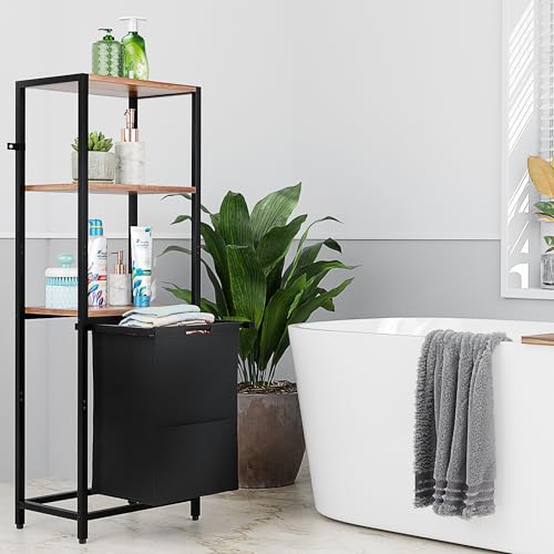 Tilt-Out Laundry Hamper with Shelf – 3 Tier Laundry Organizer with Waterproof Fabric Bin | Freestanding Storage Cabinet with Hooks for Bathroom & Bedroom