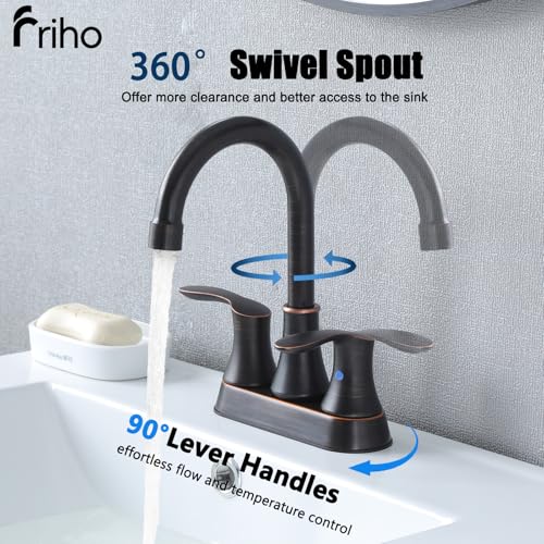 Friho 4 Inch Centerset Bathroom Faucet Oil Rubbed Bronze, 3 Hole Lead-Free 2-Handle RV Commercial Vanity Faucet with Drain Stopper & Supply Hoses - color: Oil Rubbed Bronze