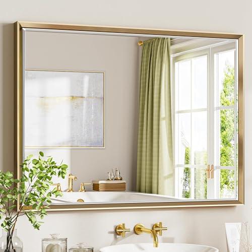 40 x 30 Gold Bathroom Mirror, Brushed Gold Beveled Bathroom Mirror, Shatterproof Large Gold Frame Rectangle Mirror, Brushed Brass Gold Framed Vanity Mirror Vertical/Horizontal Wall-Mounted - color: Brushed Gold, size: 30"L x 40"W