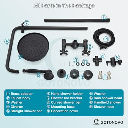 gotonovo Exposed Shower System Wall Mount,Matte Black,Metal Handheld | 8” Rain Shower Head Faucet Set Fixtures,2 Function,Two Cross Handle,Height Adjustable,for 5-6.7" Hole,Indoor Victorian Retro - color: Black