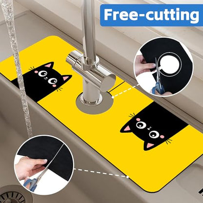 Cute Black Cat Head Kitchen Sink Splash Guard Mat Absorbent Fast Drying Mat Faucet Draining Mat Sink Splash Guard Behind Faucet Drip Catcher for Kitchen Bathroom 5.5"×15" - size: 5.5" x 5.5"