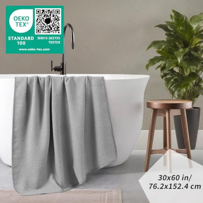 POLYTE 380 GSM Poly Blend Microfiber Quick Dry Waffle Bath Towel, 30x60 in | 2 Pack, Oversize, Lint Free, Body Towel - color: Light Gray