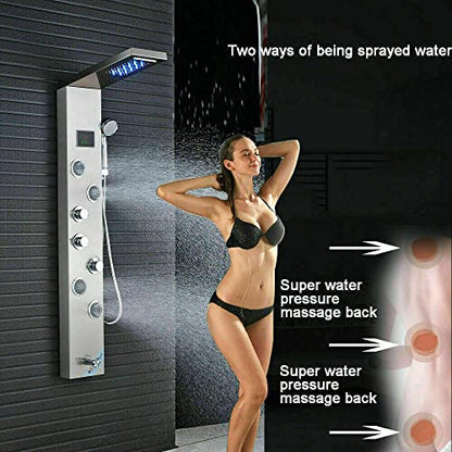 MObyat LED Rainfall Shower Panel Tower Stainless Steel Waterfall Massage Body Jets Set