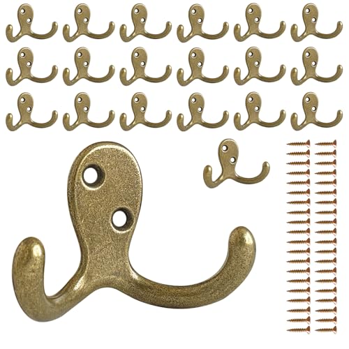 CBWLWJ 20 Pack Coat Hooks Wall Hooks for Hanging, Heavy Duty Double Prong Metal Hook Wall Mounted for Living Room, Bathroom, Kitchen, Bedroom for Coat, Bag, Scarf, Towel, Hat, Key, Cup (Bronze) - color: Bronze-20pack