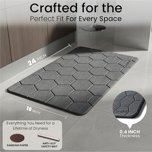 Stone Bath Mat - Premium Instant Absorption Natural Diatomaceous Earth Shower Mat 24"x16", Anti-Mold - Non-Slip Design, Ultra-Fast Drying Bathroom Floor Mat with Honeycomb Pattern, Gray