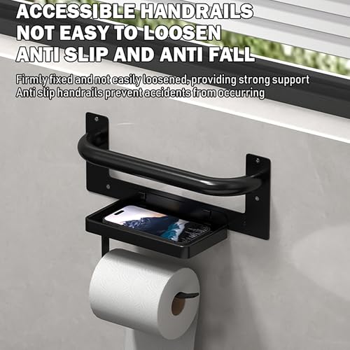 Toilet Paper Holder with Assist Bar - Matte Black Bathroom Safety Handle Wall Mount with Toilet Roll Holder and Shelf 300lbs Weight Support Grab Bar for Bathtubs and Showers