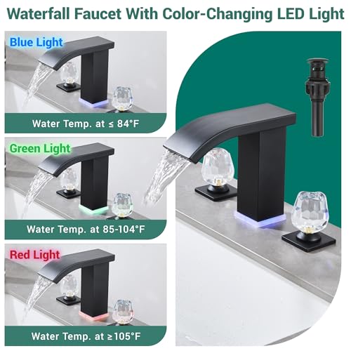 Bathroom faucets 3 Hole Widespread Modern Bathroom Sink Faucet 8 inch Matte Black Bathroom 3 Hole LED Light Waterfall Vanity Faucet Sink with Pop Up Drain (Matte Black) - color: Matte Black