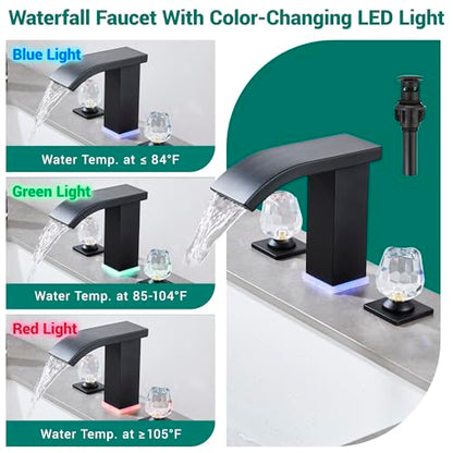 Bathroom faucets 3 Hole Widespread Modern Bathroom Sink Faucet 8 inch Matte Black Bathroom 3 Hole LED Light Waterfall Vanity Faucet Sink with Pop Up Drain (Matte Black) - color: Matte Black