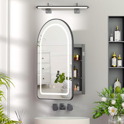 Recessed Medicine Cabinet with Lights,Brushed Black Arched Medicine Cabinet with Mirror for Bathroom,3-Color Lighted Mirrored Cabinet Wall Mounted,Bathroom Vanity Mirror with Storage,20x31 - color: Brushed Black, size: 20x31