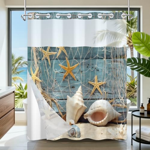 Shower Curtains for Bathroom No Hooks Needed, Beach Fishing Net Design No Hooks Shower Curtain with Snap in Liner and See Through Window, Double-layer Waterproof Shower Curtain with Weighted Bottom - color: Fishing Net