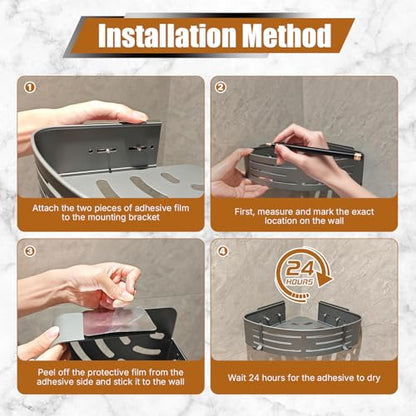 Matte Gray Corner Shower Shelf, 1-Pack Aluminum Bathroom Caddy Item Highlights No Drill Adhesive & Screw Mount, Rustproof Storage Rack with Towel Hooks for Shower, Toilet & Laundry Room