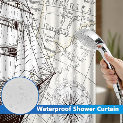 Nautical Shower Curtains for Bathroom, Retro Sailboat No Hook Shower Curtain with Snap in Liner and Sheer Top Window, Easy to Install Waterproof Fabric Shower Curtains with Weighted Hem, 71x74 Inches - color: Sailboat