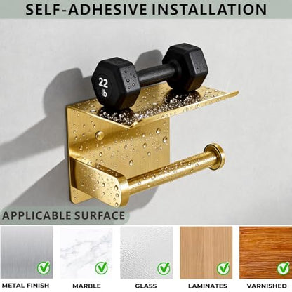 Toilet Paper Holder with Shelf, Heavy-Duty Stainless Steel Bathroom Hardware, Self-Adhesive No-Drill/Drill-Mount Wall-Mounted Roll Holder, Rust-Proof Bathroom Tissue Rack (Gold) - color: Gold