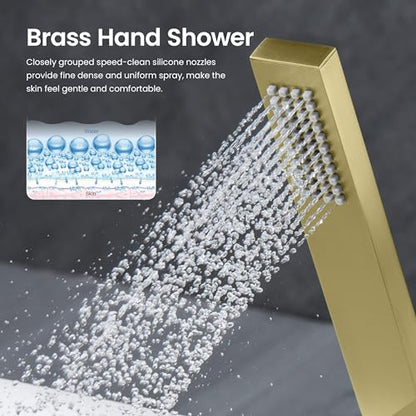 KIBI Cube Thermostatic Bathroom Shower System – 2-Function Wall Mounted Shower Set with Rough-In Valve, Modern Brushed Gold Finish, Durable Rust-Resistant Bathroom Shower Faucet Kit - color: Brushed Gold