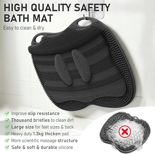 XL Shower Foot Scrubber Mat in Shower with Non-slip Suction Cups | Silicone Feet Toes Deep Clean Exfoliating Massage Brush without Bending, Use in Bathtub Floor Bathroom Safe 17.4*13.4" Black - color: 17.4*13.39" Black