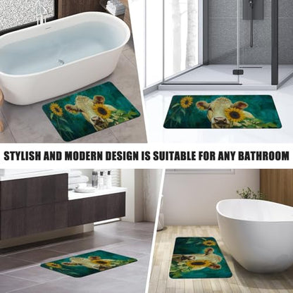 Bathroom Runner Mat Rugs Long,Cow with Sunflower Animal Beautiful Diatomite Stone Bath Mat Large Absorbent Diatomaceous Earth Mat Non Slip Fast Dry Shower Mat Bathroom Rugs Floor Mat 16x42in - color: Design15
