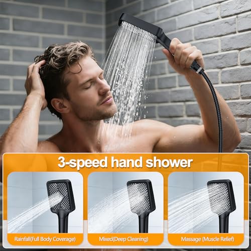 Shower System Modern Rain Brass Faucet Set With Valve and Diverter Shower Mixer With Handheld High Pressure Square Rainfall Shower Valve (12'' Wall Mount, Matte Black) - color: Matte Black, style: 12'' Wall Mount