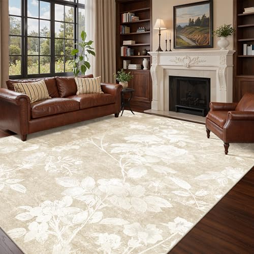 Soalmost Floral Washable Rugs 8x10 for Living Room, Neutral Soft Rug Beige | Oriental Flower Area Rug with Low-Pile Non-Slip Thin Throw Carpet for Bedroom Farmhouse Dining Room Nursery Home Office - color: Floral Beige, size: 8' x 10' (Rectangular)