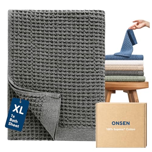 ONSEN Supima® Waffle Bath Sheet, Large, Quick Dry Lint Free 100% USA Cotton, Oversize Lightweight Absorbent Bath Sheet, 38x67 in (Cinder Grey, 1x Bath Sheet) - color: Cinder Grey, size: Bath Sheet