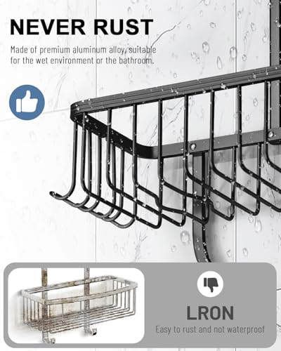 Shower Caddy Hanging - Never Rust Shower Hanging Organizer - Aluminum Over the ShowerHead Caddy with Soap Basket and 6 Hooks for Razor/Sponge (Black) - color: Black