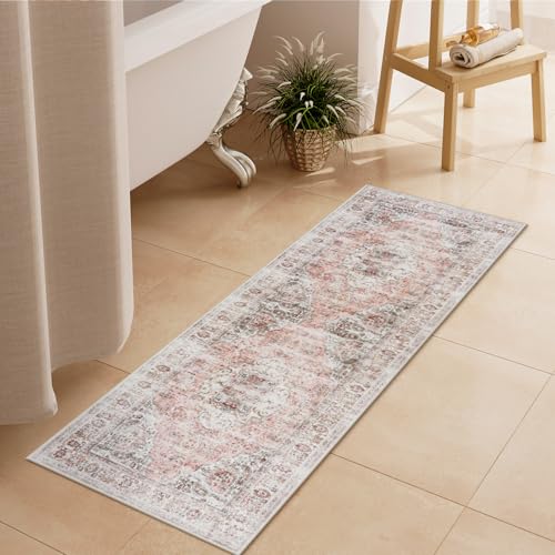Uphome Bathroom Rugs Runner, Distressed Farmhouse Boho Blush Pink Bath Mat, Non Slip Washable Long Bath Rugs, Vintage Traditonal Soft Bathroom Runner for Bathtub Sink Shower, 18x47 inch - color: Blush Pink, size: 18 x 47 inch (Rectangular)