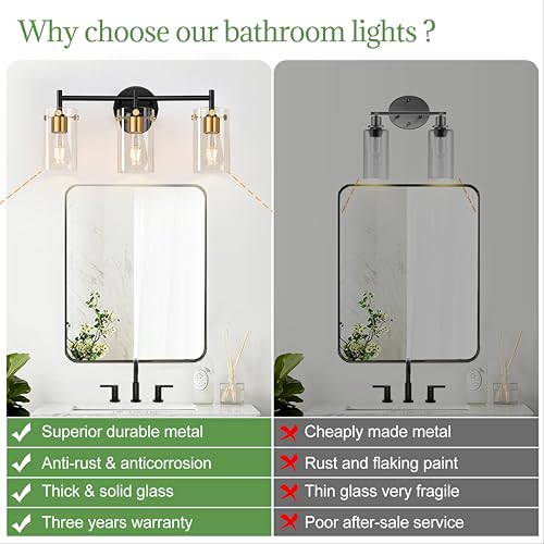 Indoi Bathroom Light Fixtures, 3-Light Black and Gold Vanity Light, Black Bathroom Lights Over Mirror with Clear Glass Shade for Mirror Bedroom Living Room - color: Black and Gold