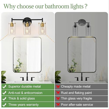 Indoi Bathroom Light Fixtures, 3-Light Black and Gold Vanity Light, Black Bathroom Lights Over Mirror with Clear Glass Shade for Mirror Bedroom Living Room - color: Black and Gold