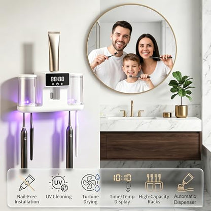 Smart Toothbrush Holder with Automatic Toothpaste Dispenser, Rechargeable Toothbrush Storage Rack with Toothbrush Holder and Mouthwash Cup, Digital Display, Designed for Home Bathrooms (White) - color: White