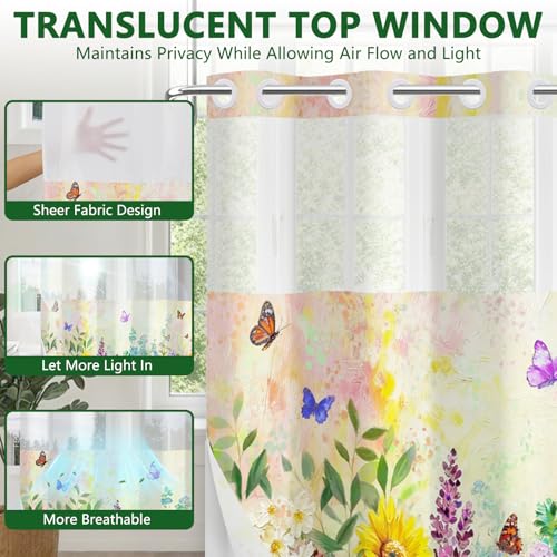 No Hook Shower Curtain with Snap in Liner, Double Layer Waterproof Bathroom Shower Curtain with See Through Window and Weighted Hem, Machine Washable Spring Colorful Floral Bath Curtain, 71"W x 74"L - color: Vibrant Spring