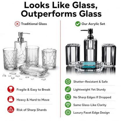 LGURT 4pc Crystal Acrylic Bathroom Set, Brushed Black Soap Dispenser | Soap dish, rinse cup & holder, with brushed black accent. For apartment, guest bath, or vanity countertop. - color: Black