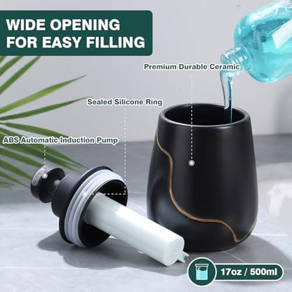 BosilunLife Rechargeable Auto Touchless Liquid Soap Dispenser 17oz Ceramic | With Elegant Golden Curved Line.With Waterproof Pump,Touch-Free Sensing.17oz Dish Soap For Kitchen And Bathroom，Black - color: Black, style: Liquid Pump