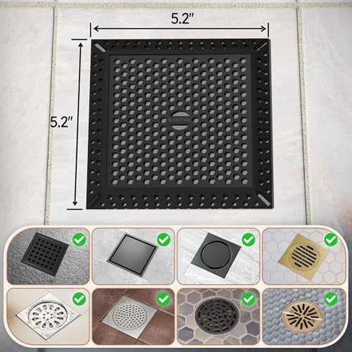 Square Shower Drain Hair Catcher, Drain Cover, Not Moving, 4 inch | 304 Stainless Steel and TPE Material/ Efficient Drainage / Easy Clean / Anti-Clogging / Fits Bathroom Hair Catcher for Shower - color: Matte Black, size: 4 inch