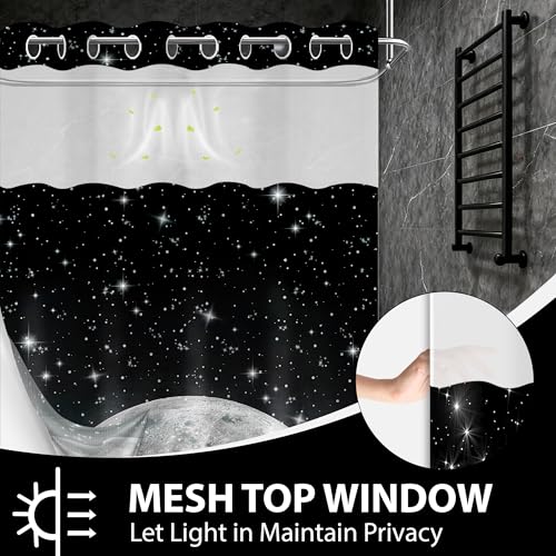 Star Moon Hookless Shower Curtain with Snap in Liner, Space Black and White Watercolor Night Sky Galaxy No Hook Double Layer Shower Curtains and Liner Set, Waterproof Cloth Fabric 71" W X 74" L - color: Black, size: 71"W x 74"L (Pack of 1)