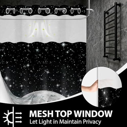 Star Moon Hookless Shower Curtain with Snap in Liner, Space Black and White Watercolor Night Sky Galaxy No Hook Double Layer Shower Curtains and Liner Set, Waterproof Cloth Fabric 71" W X 74" L - color: Black, size: 71"W x 74"L (Pack of 1)