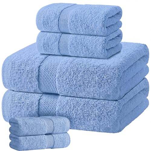 White Classic Light Blue Bath Towel Set of 6-100% Cotton Highly Absorbent Towels for Bathroom, 2 Luxury Bath Towels 650GSM, 2 Hand Towels, 2 Washcloths - color: Light Blue