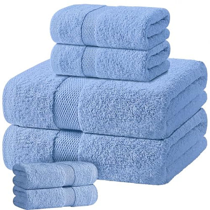 White Classic Light Blue Bath Towel Set of 6-100% Cotton Highly Absorbent Towels for Bathroom, 2 Luxury Bath Towels 650GSM, 2 Hand Towels, 2 Washcloths - color: Light Blue