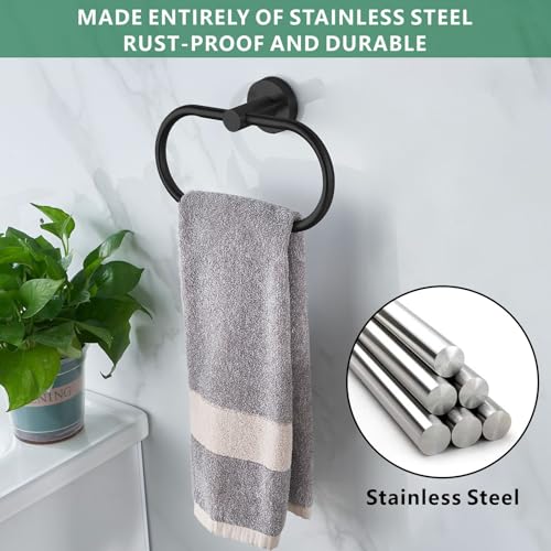 Towel Ring for Bathroom, Matte Black Towel Bar Hangers Wall Mount, Stainless Steel Hand Towel Holder, Modern Round Towel Hanger by Eolax - color: Black