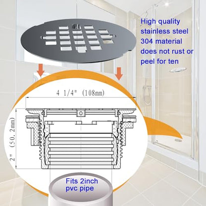 (1 Pack) Yariwiz 2" No-Caulk Snap-in Round Floor Shower Drain for Shower Pan with 4-1/4" Stainless Steel Round Grid Cover