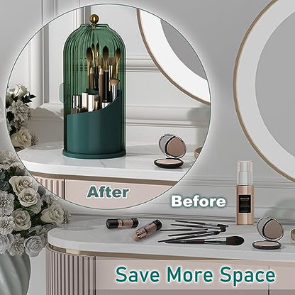 GAXmi Makeup Brush Holder with Lid Rotating Cosmetic Organizer, All Green | 360 Rotation, Waterproof, Dustproof, Moistureproof - color: Green