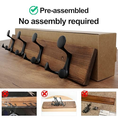 WEBI Coat Rack Wall Mount,24" Solid Wood Coat Hooks Wall Mounted Coat Hanger,16" Hole to Hole,Heavy Duty Hook Rack,4 Triple Hooks for Hanging Coats,Jacket,Hat,Backpack,Farmhouse,Brown - color: Brown, size: 24 Inch