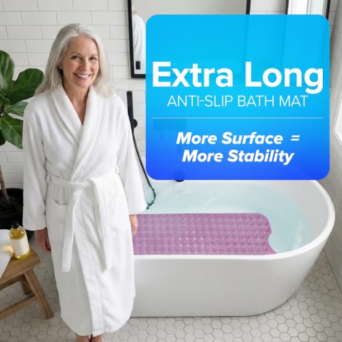 SlipX Solutions 39x16 Extra Long Non Slip Bath Mat, Tub & Shower, Pink | Anti Slip Mat for Elderly & Kids Bathroom, 30% More Coverage, 200 Suction Cups, Hundreds of Drain Holes - color: Translucent Pink