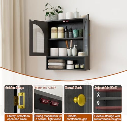 Black Bathroom Cabinet Wall Mounted with Tempered Glass Doors,Wooden Medicine Cabinet with Adjustable Shelf Open Shelf,Over The Toilet Space Saver Storage Cabinet - color: Black With Fluted Glass