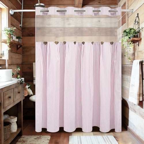 ASPMIZ Farmhouse Striped Shower Curtain and Liner Set No Hook, Pink 71x74 | No Hook Shower Curtain with Snap in Liner Fabric, Rustic Washable Waterproof Bathroom Curtains with Button, Mesh Top Window - color: Pink Striped, size: 71"W x 74"L (Pack of 1), s