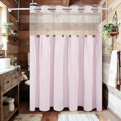 ASPMIZ Farmhouse Striped Shower Curtain and Liner Set No Hook, Pink 71x74 | No Hook Shower Curtain with Snap in Liner Fabric, Rustic Washable Waterproof Bathroom Curtains with Button, Mesh Top Window - color: Pink Striped, size: 71"W x 74"L (Pack of 1), s