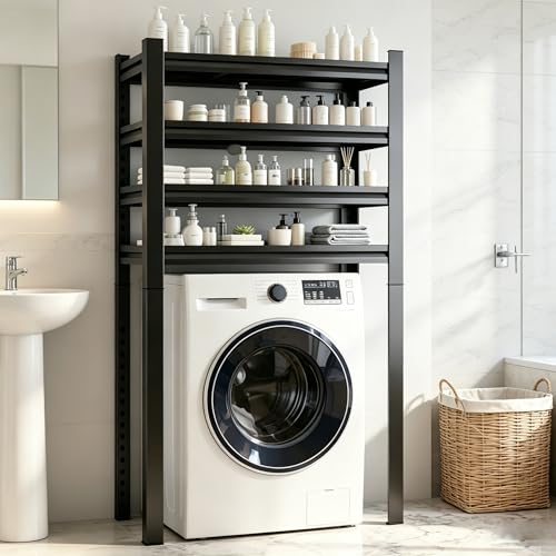 Over The Washer and Dryer Storage Shelf, Height-Adjustable 4-Tier Metal Organizer Rack for Washer Dryer, Space Saving Laundry Room Washer Shelf for Kitchen, Apartment, Black (63" Hx35.4" Wx13.8" D) - size: 63" Hx35.4" Wx13.8" D