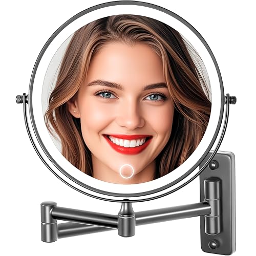 9" Large Wall Mounted Lighted Makeup Mirror, 5000mAh Rechargeable 1X/20X Magnifying Mirror with 3 Color Lights Touch Dimmable, Extended Arm 360° Swivel Bathroom Wall Mounted Makeup Mirror,Black Nickel - color: Black Nickel