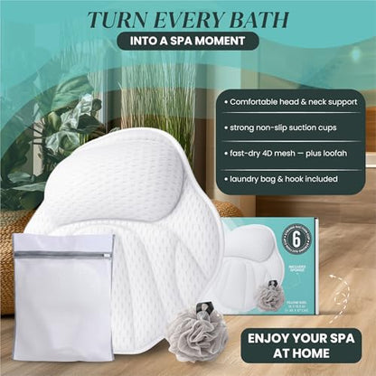 Bath Pillows for Tub, Complete Spa Set with Loofah & Wash Bag – Bathtub Pillow for Head and Neck and Back Support, 6 Strong Suction Cups, Quick-Dry 4D Air Mesh, Gift-Ready