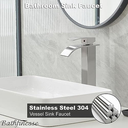 Waterfall Bathroom Faucet Brushed Nickel Stainless Steel Vessel Sink Faucet | Single Handle One Hole Deck Mount,Bowl Vanity Sink Faucet,with Pop-up Drain Stopper and Supply Hose,Lead-Free by Bathfinesse - color: Brushed Nickel